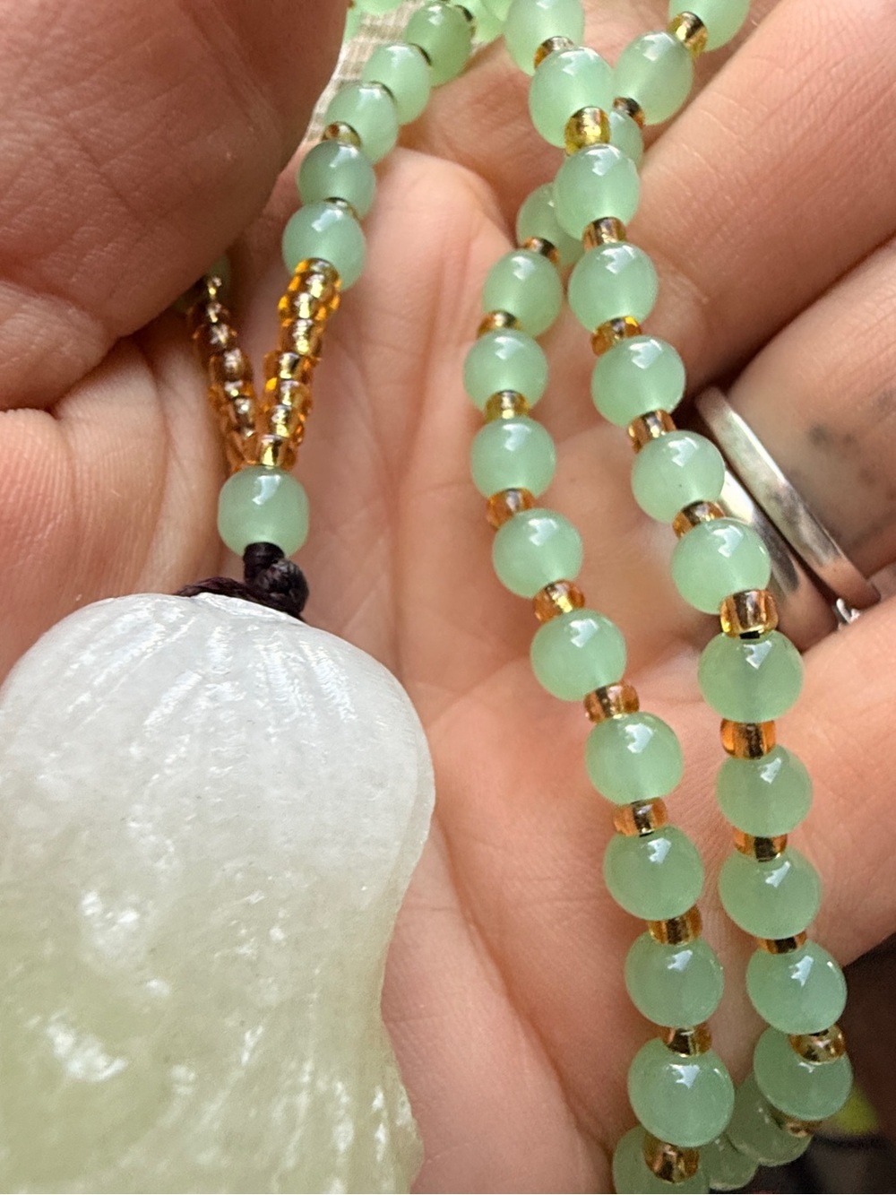 Carved Bok Choy Jade Necklace with Bead